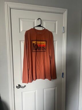 Orvis Men's Long-Sleeve Graphic Tee in Rust with Sunset Stripe Bird dog